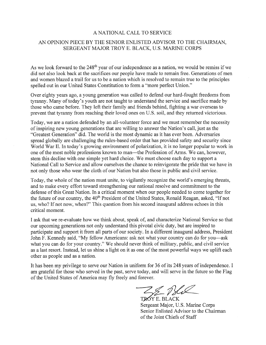Thumbnail of the "A National Call to Service" Op-Ed by Senior Enlisted Advisor to the Chairman (SEAC) U.S. Marine Corps Sgt. Maj. Troy E. Black.